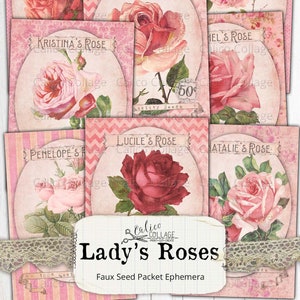 Suprimentos de diário vitoriano rosa lixo efêmera, pacote de sementes falsas imprimíveis, folha de colagem de scrapbook de papel digital, botânico vintage