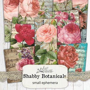 Printable Shabby Botanical Rose Ephemera Pack, Journal Journal Kit, Jewelry Images, Collage Sheet