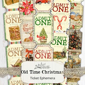 Afdrukbare kersttickets, Old Time Christmas Junk Journal Ephemera Pack, Digitaal papier, Tags, Vintage Vakantie, Vintage, CalicoCollage,
