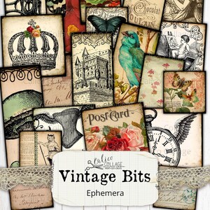 Printable Digital Collage Sheets, Junk Journal Ephemera Pack, Vintage Ephemera, Calico Collage Vintage Bits