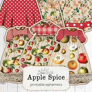 Vestidos de maçã com corte exigente para impressão, coisas efêmeras de lixo eletrônico, suprimentos para diário com marcadores, coisas efêmeras de outono, impressões de papel digital vintage, especiarias de maçã