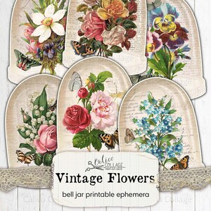 Flower Bouquet Junk Journal Imprimable, Flower Bell Jar Displays, Floral Ephemera, Scrapbook Paper, Junk Journal Kit, Shabby Chic Roses,