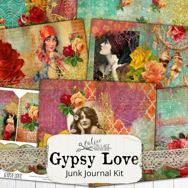 Junk Journal Kit Gypsy Love, Imprimible Boho Journal Ephemera Pack