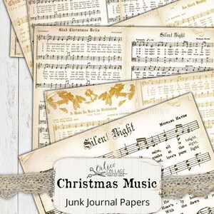 Afdrukbare kerstbladmuziek, kerstliederen, junk journal pagina's, digitale papieren, vintage muziek, vakantie ephemera, junk journal kit