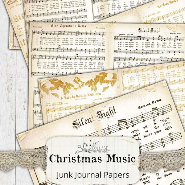 Printable Christmas Sheet Music, Christmas Carols, Junk Journal Pages, Digital Papers, Vintage Music, Holiday Ephemera, Junk Journal Kit