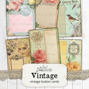 Printable Vintage Button Cards, Sewing Ephemera, Junk Journal Ephemera Pack, Card Making, Digital Collage Sheet, Sewing Ephemera