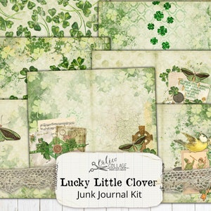 St Patricks Day Junk Journal Kit Ephemera Pack, Lucky Little Clover, Irish Ephemera image 1