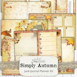 Printable Planner Junk Journal Kit, Simply Autumn Planner Printable, Journal Supplies, Vintage Fall Ephemera, CalicoCollage