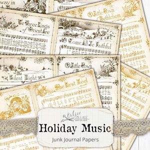 Printable Christmas Holiday Sheet Music, Christmas Carols, Junk Journal Papers