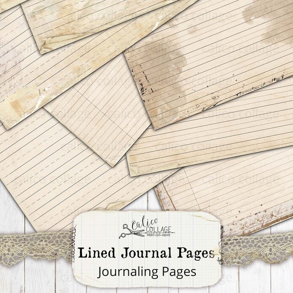 Printable Lined Journal Pages, Junk Journal Supplies, Digital Vintage Papers, Scrapbooking Vintage Ephemera, CalicoCollage