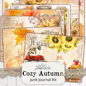 Printable Autumn Cat Junk Journal Kit, Fall Ephemera Pack, Shabby Chic Bullet Journal Stationery, Botanical Ephemera, Cozy Autumn