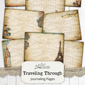 Afdrukbare Travel Junk Journal Kit Pagina&#39;s, Journaling Paper, Travel Ephemera, Vintage Scrapbook, Reizen door, Collage Sheet, Kaarten
