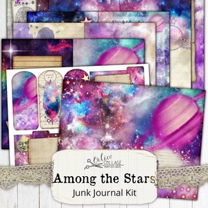Printable Junk Journal Kit, Ephemera Digital Download Pack, Celestial Zodiac Digital Paper, Galaxy Star Papers, Among  the Stars