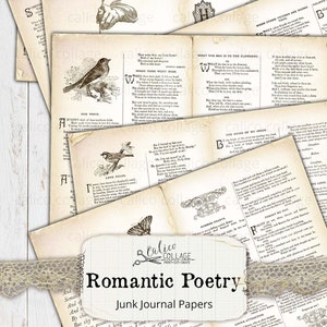 Articoli stampabili per giornali spazzatura, pagine di libri di poesia romantica, forniture per riviste, libri vintage digitali Ephemera, carta digitale per San Valentino