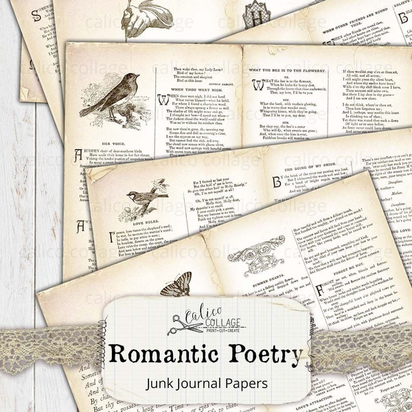 Printable Junk Journal Papers, Romantic Poetry Book Pages, Journal Supplies, Digital Vintage Books Ephemera, Valentines Day Digital Paper