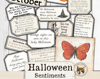 May include: A set of printable Halloween themed ephemera words and images. The images include a black cat, a witch, a pumpkin, a butterfly, and bats. The text includes phrases like "Halloween Greetings", "Oh Halloween, sweet Halloween", and "May Halloween bring you joy, good friend".