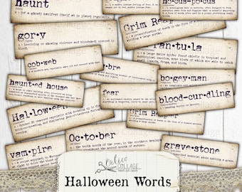 Halloween Dictionary Words, Junk Journal Printable, Halloween Ephemera Printable Words, Digital Download Collage Sheet