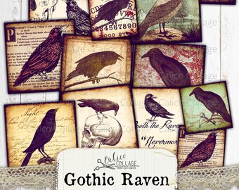 May include: A collection of small square ephemera with a gothic theme. The images depict ravens, skulls, Ouija boards, and aged text backgrounds. The text "Gothic Raven" and "Small Square Ephemera" are displayed.