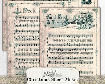 Vintage Christmas Sheet Music Printable Junk Journal Ephemera, Digital Paper, Holiday Journal Supplies, Calico Collage,