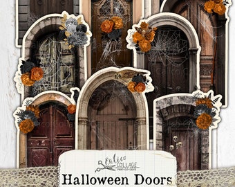 Halloween Door Junk Journal Printable, Halloween Ephemera, Journal Cover Elements, Card Making Digital Download, Scrapbook Fussy Cuts