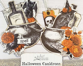 Printable Halloween Cauldron Pockets, Junk Journal Supplies, Scrapbook Digital Paper, Gothic Ephemera, Vintage Halloween, Loaded Pocket