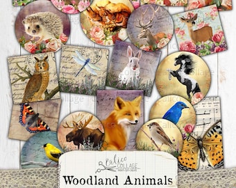 Digital Collage Sheet Ephemera Pack, Woodland Animals, Pendant Images, Domino Collage Sheet, Butterfly, Horse, Deer, Rabbit, Fox, Dragonfly