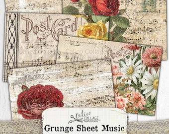 Printable Grunge Sheet Music Postcards, Vintage Junk Journal ephemera Pack, Digital Stationery Bullet Journal, Floral Scrapbook Paper