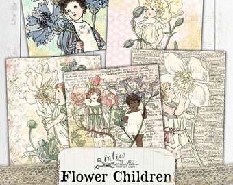 Flower Children Ephemera Pack, Garden Flower Stationery Bullet Journal Supplies, Scrapbook Junk Journal, Collage Sheet Digital Download