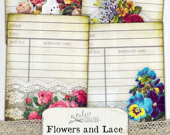 Flowers and Lace Junk Journal Library Cards, Vintage Library Cards