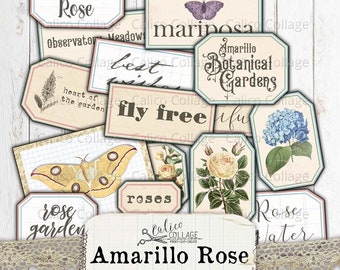 Floral Labels Printable Ephemera, Junk Journal Supplies, Spring Digital Paper, Amarillo Rose Ephemera Pack, Small Label Tags, Cottage Rose