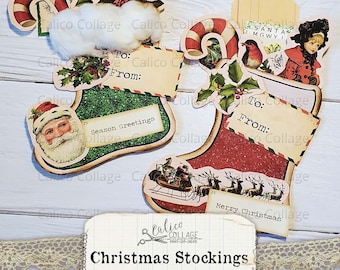 Printable Christmas Stocking Pockets, Junk Journal Supplies, Scrapbook Digital Paper, Holiday Ephemera, Vintage Loaded Pocket, CalicoCollage