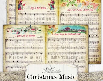 Printable Vintage Christmas Sheet Music Junk Journal Pages, Digital Papers, Journal Supplies, Holiday Ephemera, Festive Papers