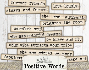 Printable Ephemera Words, Positive Affirmation Mixed Media Words, Junk Journal Supplies, Vintage Type Words, Digital Paper Prints