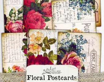 Printable Vintage Floral Postcard Junk Journal Ephemera, Digital Paper Scrapbook Cards, Digital Postcards, Rose, Floral CalicoCollage,