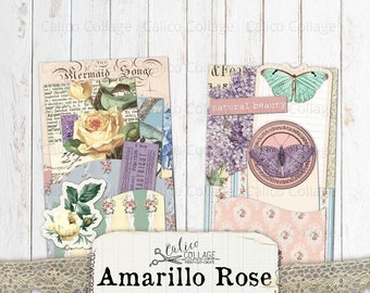 May include: Two double-loaded pockets with vintage ephemera, including floral and butterfly designs. The pockets feature a variety of textures and colors, with text elements and lace trim. The text on the bottom reads "Amarillo Rose double loaded pocket."