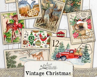 Printable Stamps Christmas Ephemera, Junk Journal supplies, Vintage Holiday, Scrapbooking Paper, Small Digital Ephemera Page