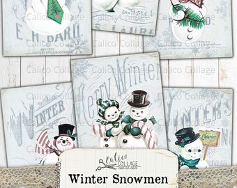 Printable Winter Snowmen Ephemera Cards, Junk Journal Ephemera Pack, Scrapbooking Digital Paper, Journal Supplies, Winter Ephemera