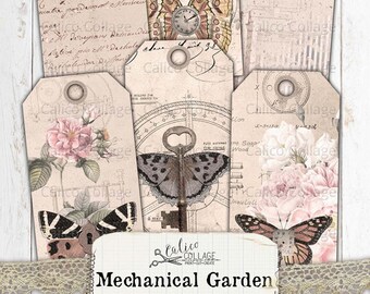 Steampunk Junk Journal Tags, Industrial Bullet Journal Supplies, Vintage Steampunk Botanical, Printable Scrapbook Digital Download