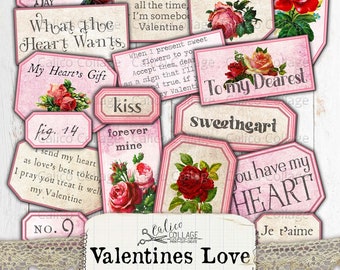Printable Valentine Ephemera Words, Valentine Sentiments, Junk Journal Supplies, Ephemera Pack, Small Label Tags, Rose, Floral