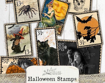 Printable Stamps Halloween Ephemera, Junk Journal Supplies, Vintage Gothic, Scrapbooking Paper, Small Digital Ephemera Page