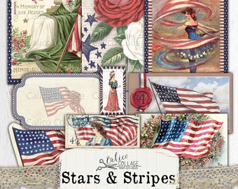 Patriotic Junk Journal Ephemera Pack, 4th of July Fussy Cut, Americana Ephemera, Stars and Stripes, Vintage Independence Day, Bullet Journal