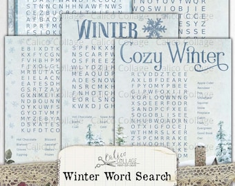 Winter Word Search Printable Ephemera Pack, Junk Journal Supplies, Bullet Journal Digital Download, Stationery Scrapbook, Winter Ephemera