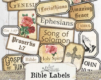 Faith Junk Journal Bible Labels, Vintage Ephemera Journaling Supplies, Scrapbooking Digital Religious, Bible Book Labels, Calico Collage