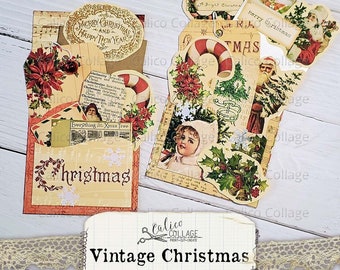 Poches éphémères de Noël vintage imprimables, Kit de journal de Noël doré, Papier numérique Scrapbook, Poche chargée de vacances, Coupe difficile