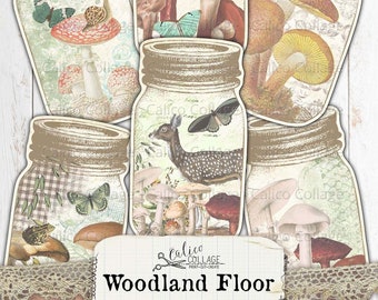 May include: A set of six printable mason jar ephemera featuring woodland scenes. Each jar is filled with mushrooms, butterflies, and a deer. The jars are labeled with the text "Calico Collage Print-Cut-Create Woodland Floor mason jar ephemera".