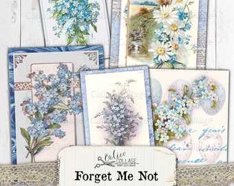 Forget Me Not Ephemera Pack, French Blue Stationery Bullet Journal Supplies, Scrapbook Junk Journal, Collage Sheet Digital Download