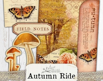 Autumn Junk Journal Folio, Junk Journal Kit, Autumn Ride, Fall Ephemera, Vintage Autumn, Bicycle, Ephemera Pack, Journal Supplies, Printable