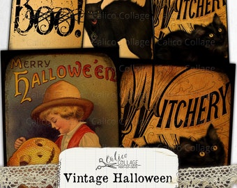 May include: Vintage Halloween ephemera printable digital collage sheet featuring images of a witch, a black cat, a pumpkin, and a child holding a jack-o'-lantern. The sheet includes the text "Witchy Woman", "Boo!" and "Merry Halloween".