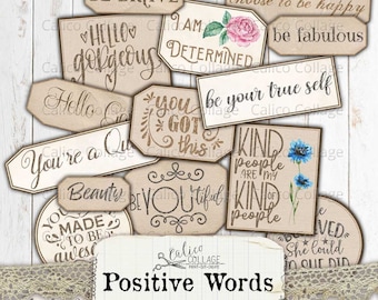 Printable Positive Sentiments, Small Labels, Ephemera Words, Junk Journal, Journal Supplies, Small Ephemera, Vintage Scrapbook Ephemera