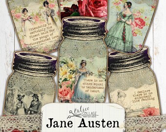 Printable Jane Austen Mason Jar Junk Journal Ephemera Pack, Regency Ephemera Pack, Digital Scrapbook Ephemera, Bullet Journal Stationery